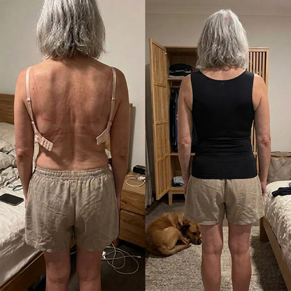 Before and after comparison of back smoothing in Maggie's built-in bra comfort tank