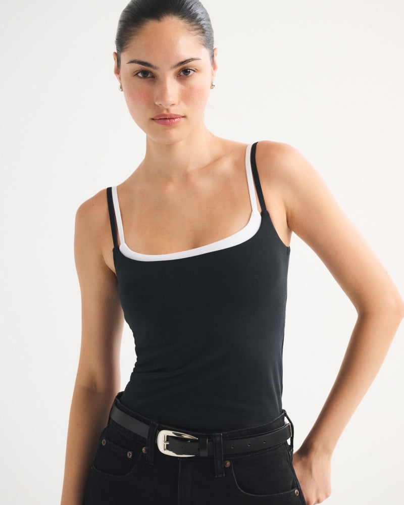 Maggie's Aurora double-layered seamless cami in black, front view