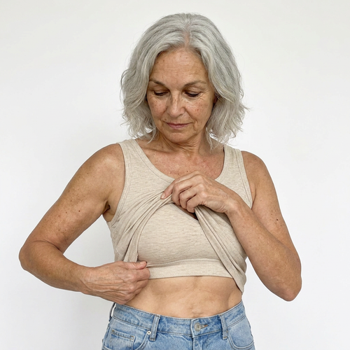 Maggie's ribbed cotton tank with a built-in bra worn bra-free